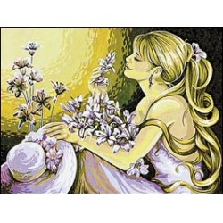Kézimunka - Gobelin - 45x60cm - Fiatal hölgy virágcsokorral és kalappal