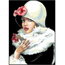 Kézimunka - Gobelin - 30x40cm - Kalapos nő, kezében rózsával