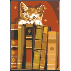 Kézimunka - Gobelin - 30x40cm - Cica a könyvek között