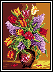 Kézimunka - Gobelin - 30x40cm - Tulipáncsokor, orgonavirággal