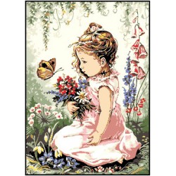 Kézimunka - Gobelin - 30x40cm - Virágot szedő kislány